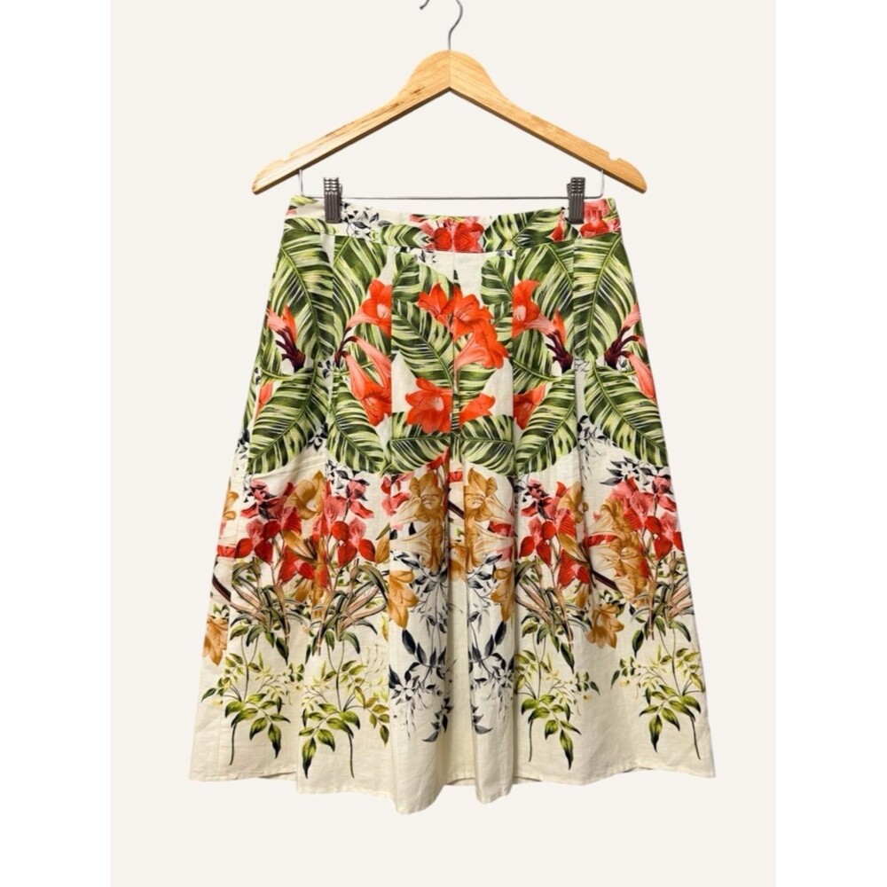 Talbots Floral Pleated Skirt Size 4 Cream Green Coral Linen Cotton Knee Length